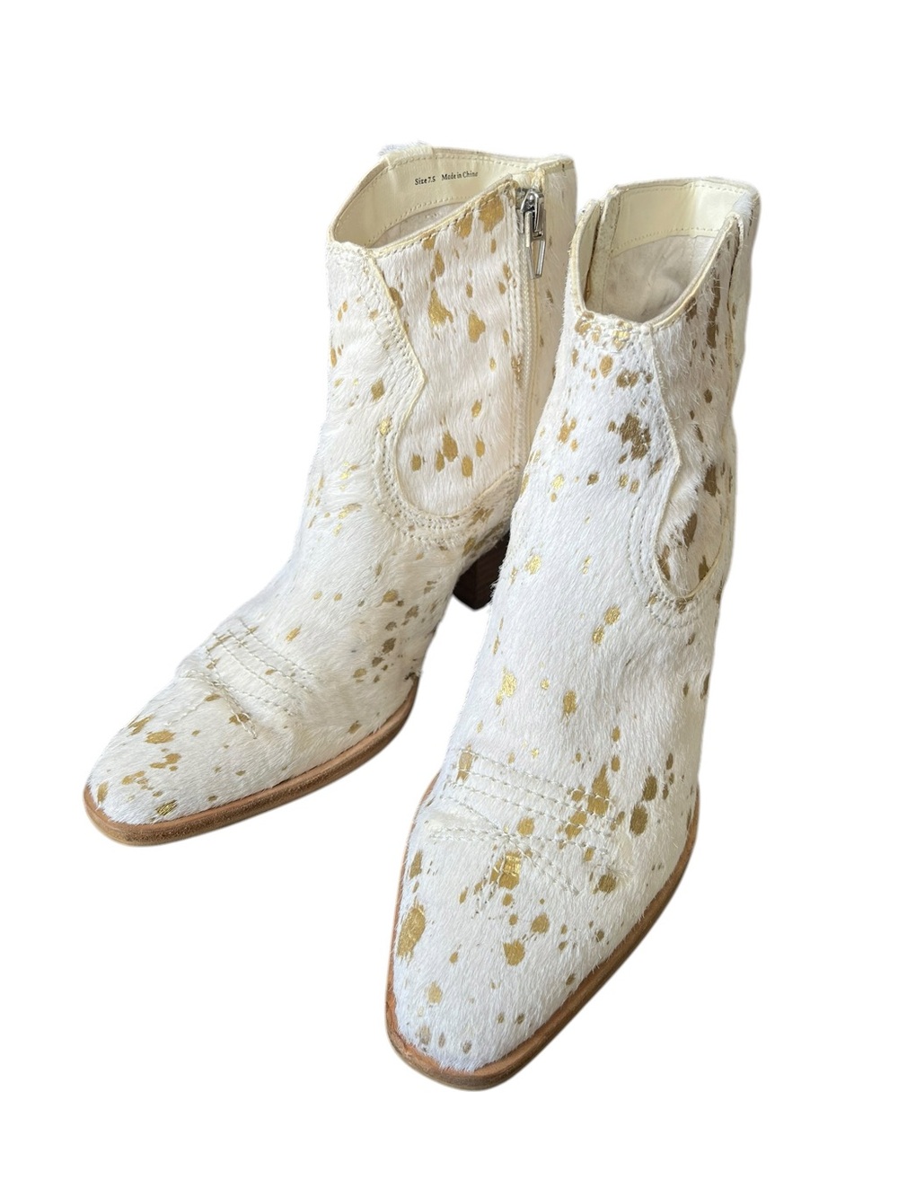 Dolce Vita Silma Hair on Hide Western Booties White with Gold Flecks Size 7.5